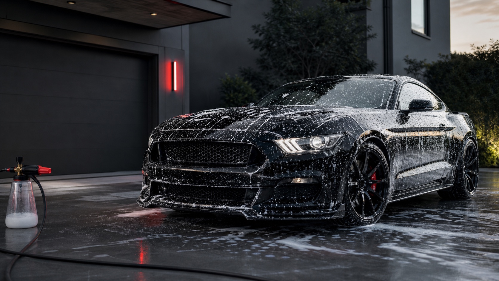 Black performance car receiving a careful foam detail