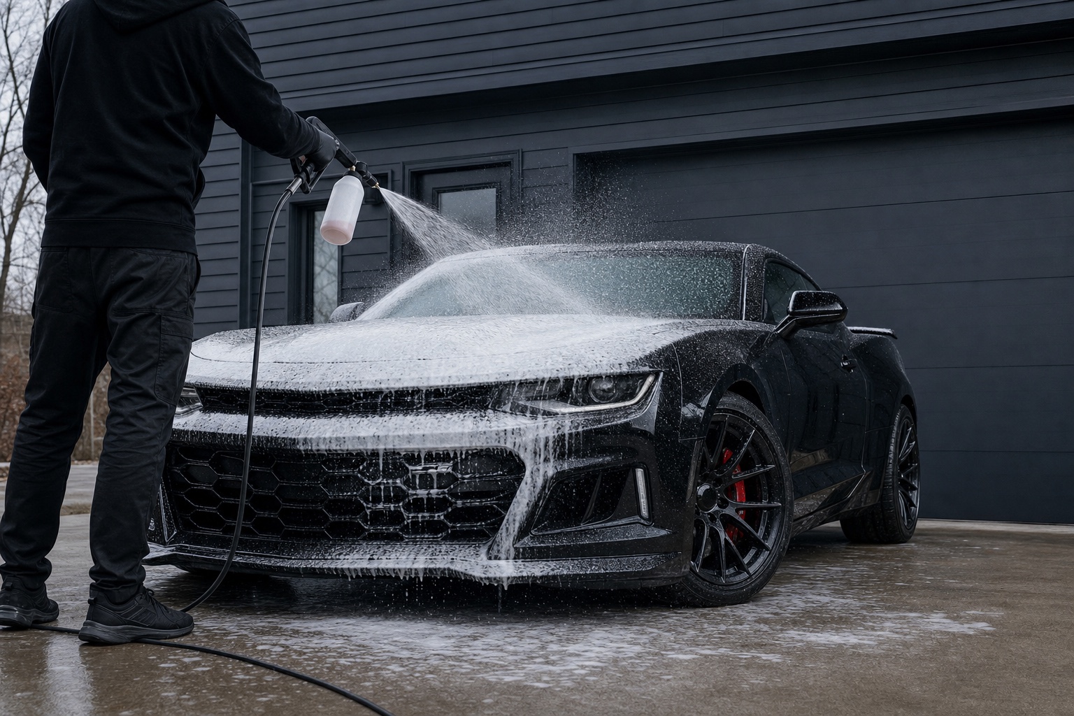Mobile detailer applying foam to a black performance car